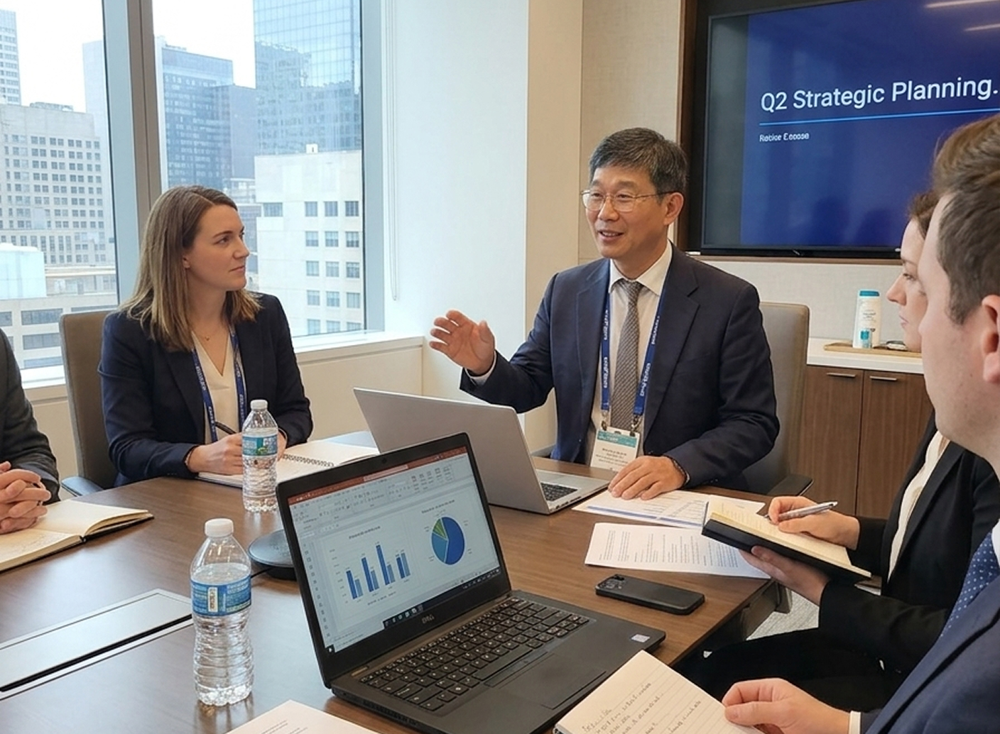 A meeting room with employees discussing strategy